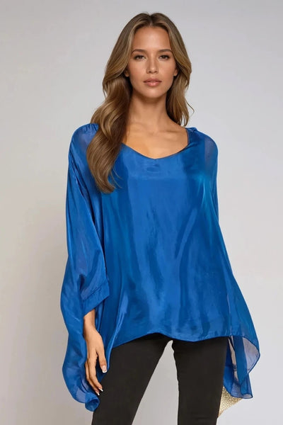 Royal Blue Silk Batwing Sleeve Blouse