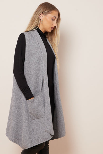 Charcoal Soft Knit Sleeveless Long Cardigan