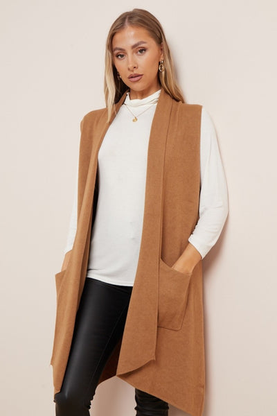 Camel Soft Knit Sleeveless Long Cardigan