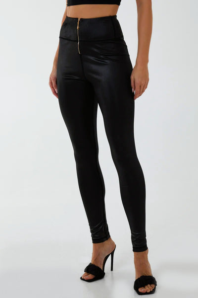 Black Zip Front Wet Look Leggings