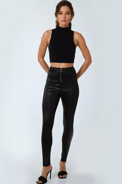 Black Zip Front Wet Look Leggings