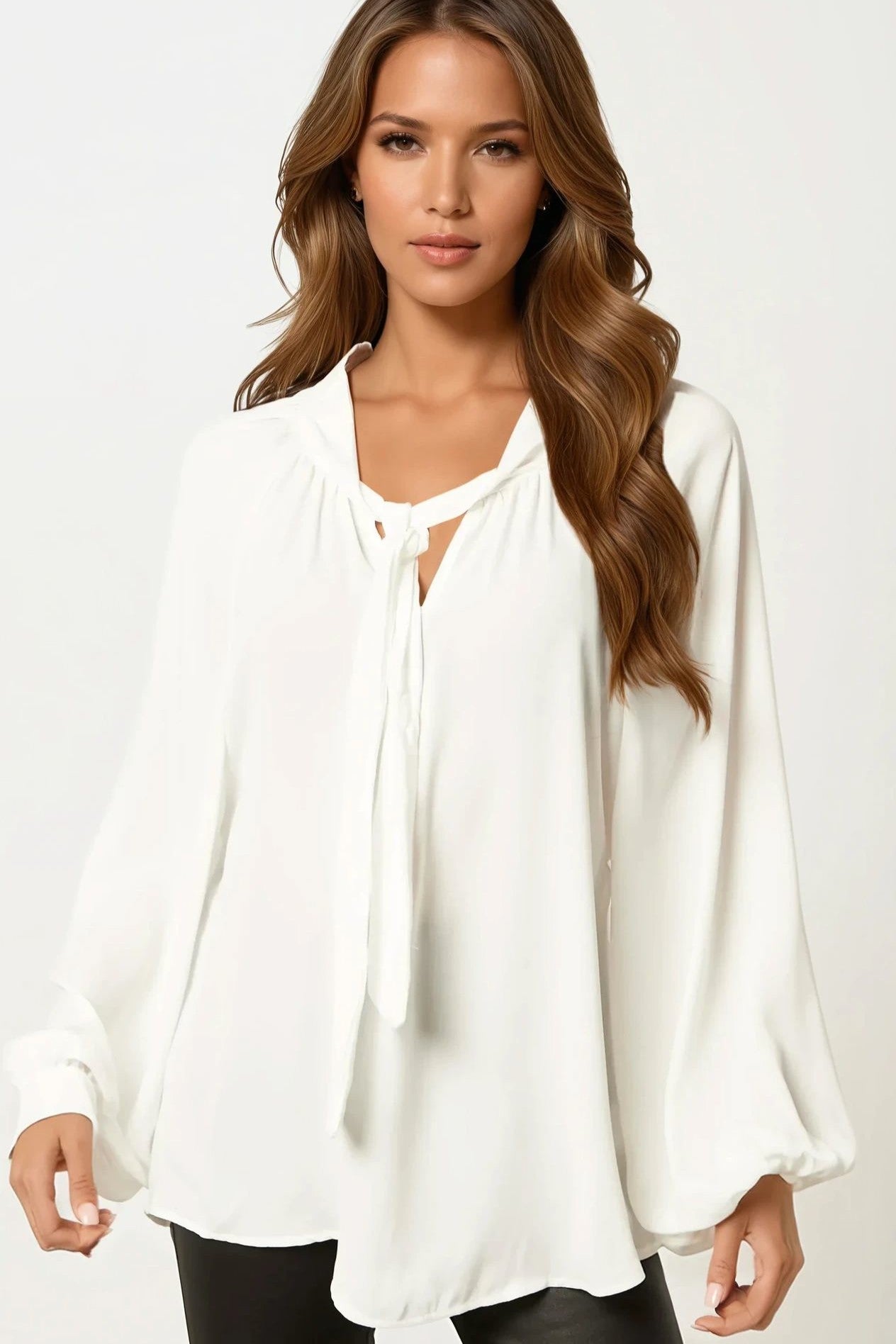 White Long Balloon Sleeve Blouse with Tie