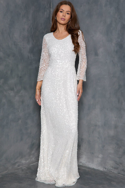 White Sequin Angel Sleeve Open Back Maxi Dress