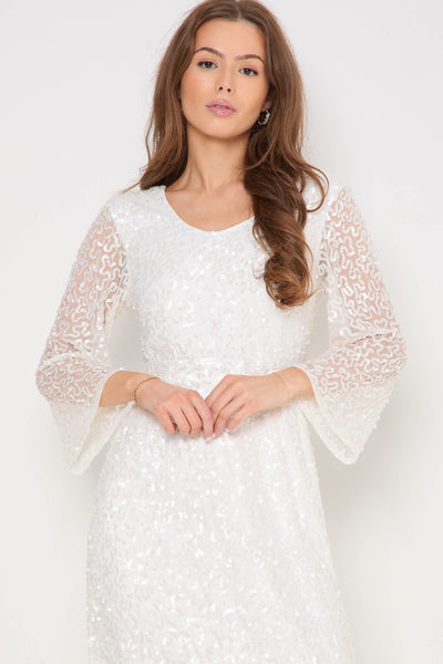 White Sequin Angel Sleeve Open Back Maxi Dress