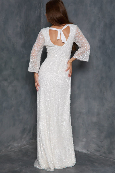 White Sequin Angel Sleeve Open Back Maxi Dress