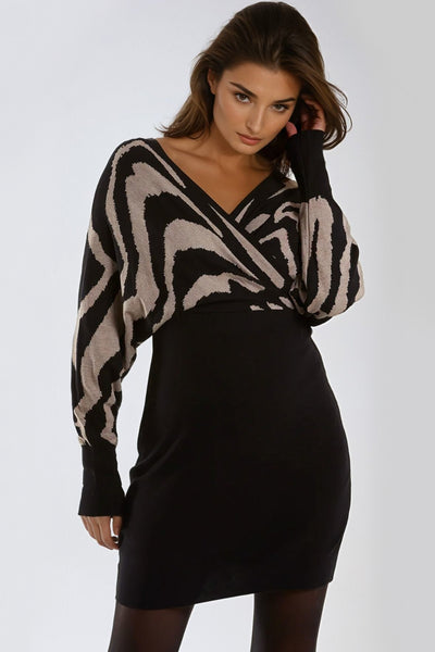 Black Batwing Sleeve Knitted Wrap Mini Dress