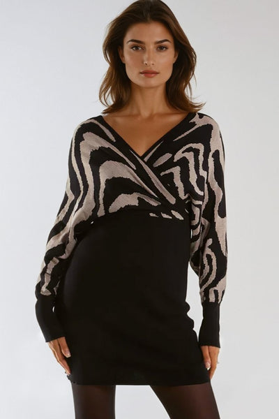 Black Batwing Sleeve Knitted Wrap Mini Dress