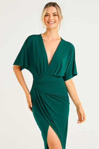 Green Wrap Midi Dress with Flutter Sleeves