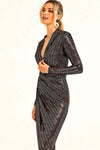 Black Gold Wrap Midi Cocktail Dress