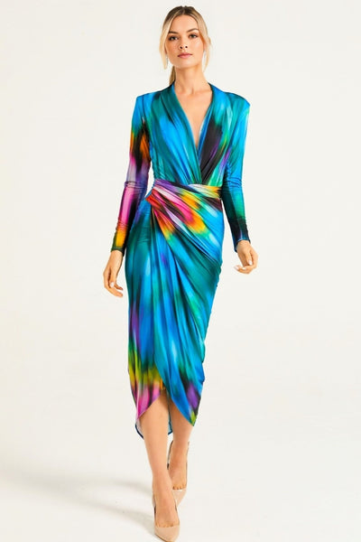 Blue Tie Dye Wrap Plunge Neck Midi Dress