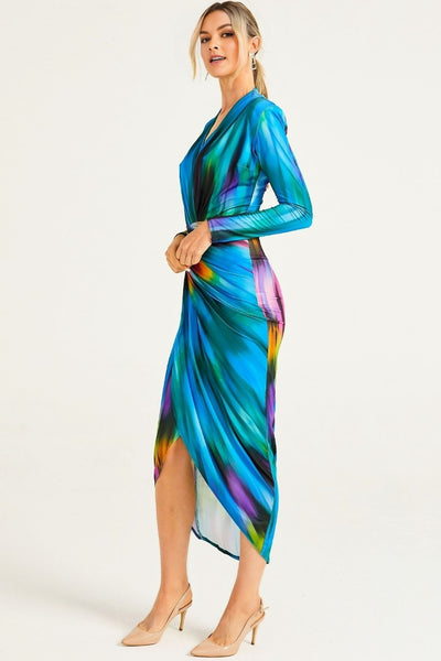 Blue Tie Dye Wrap Plunge Neck Midi Dress