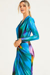 Blue Tie Dye Wrap Plunge Neck Midi Dress