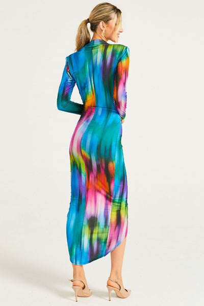 Blue Tie Dye Wrap Plunge Neck Midi Dress