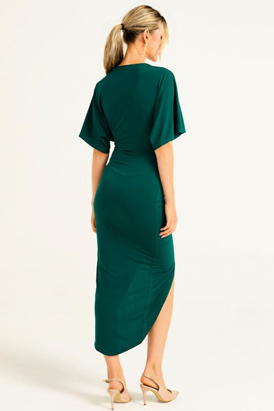 Green Wrap Midi Dress with Flutter Sleeves