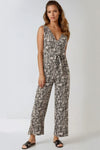 Black Beige Wrap Sleeveless Belted Jumpsuit