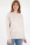 Beige 'Oui' Embroidery Fine Knit Jumper