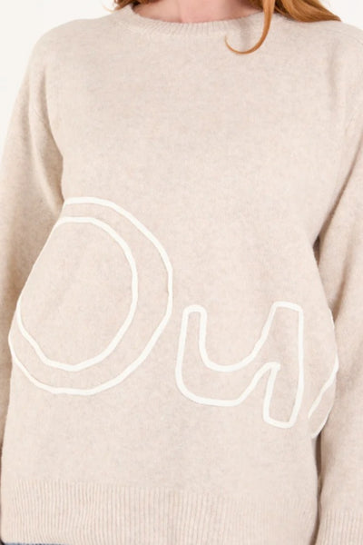 Beige 'Oui' Embroidery Fine Knit Jumper