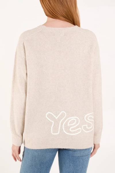 Beige 'Oui' Embroidery Fine Knit Jumper