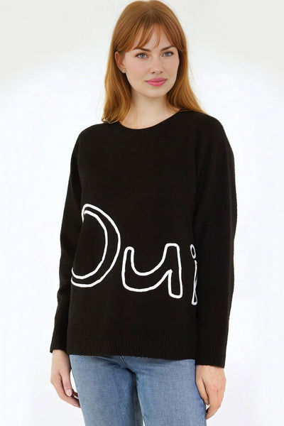 Black 'Oui' Embroidery Fine Knit Jumper