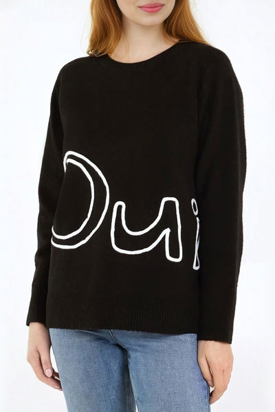 Black 'Oui' Embroidery Fine Knit Jumper