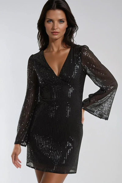 Black Sequin Angel Sleeve V Neck Mini Dress