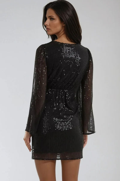 Black Sequin Angel Sleeve V Neck Mini Dress