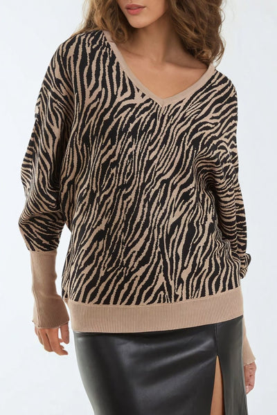 Stone Animal Print V-Neck Jumper