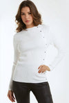 Cream Button Detail Slash Neck Ribbed Jumper