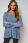 Denim Blue Long Sleeve Pleated Blouse