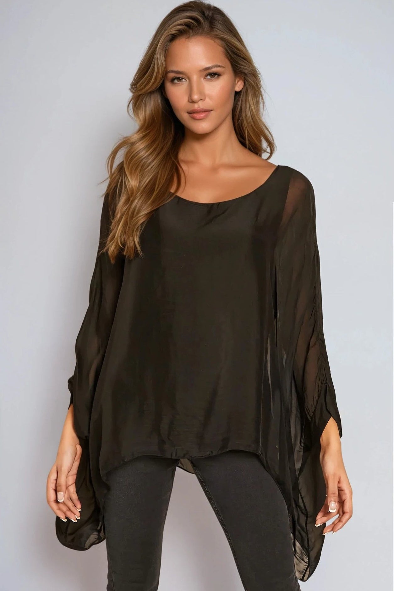 Black Silk Batwing Sleeve Round Neck Blouse