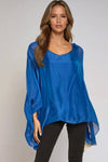 Royal Blue Silk Batwing Sleeve Round Neck Blouse