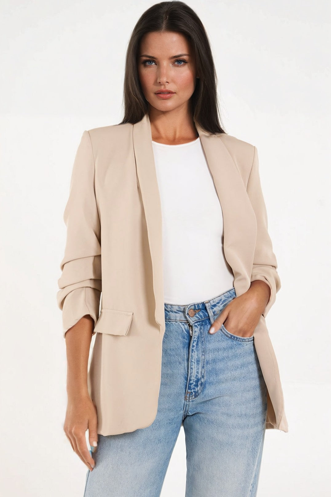 Beige ruched sleeve blazer best sale