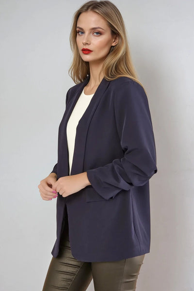 Navy Blazer with Ruched Sleeves