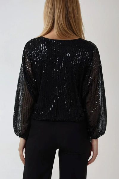 Black Sequin V Neck Long Sleeve Top