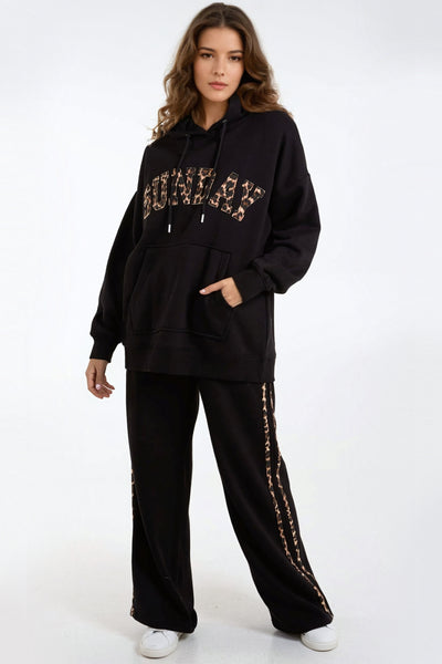 Black Leopard Print Side Stripe Wide Leg Jogger