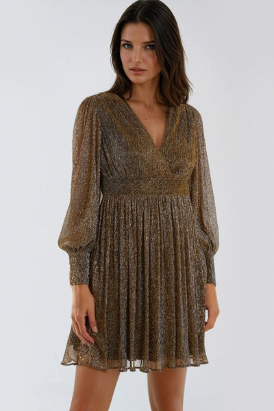 Gold V-Neck Metallic Pleated Mini Dress