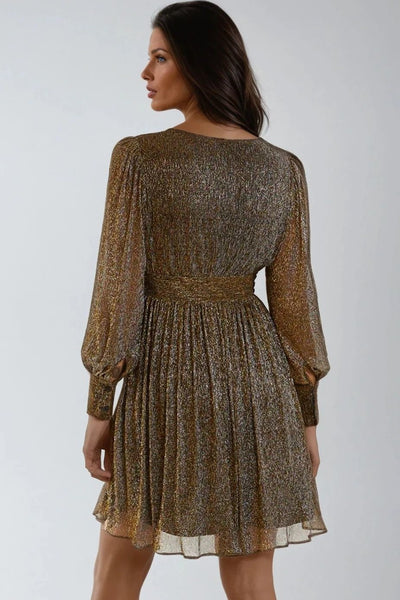 Gold V-Neck Metallic Pleated Mini Dress