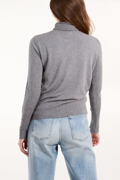 Grey Button Sleeve Roll Neck Jumper