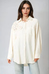 Beige Linen Blend Shirt With Crochet Flower