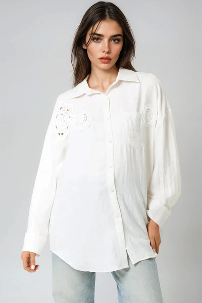 White Linen Blend Shirt With Crochet Flower