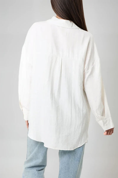 White Linen Blend Shirt With Crochet Flower