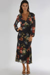 Black Floral V Neckline Midi Dress