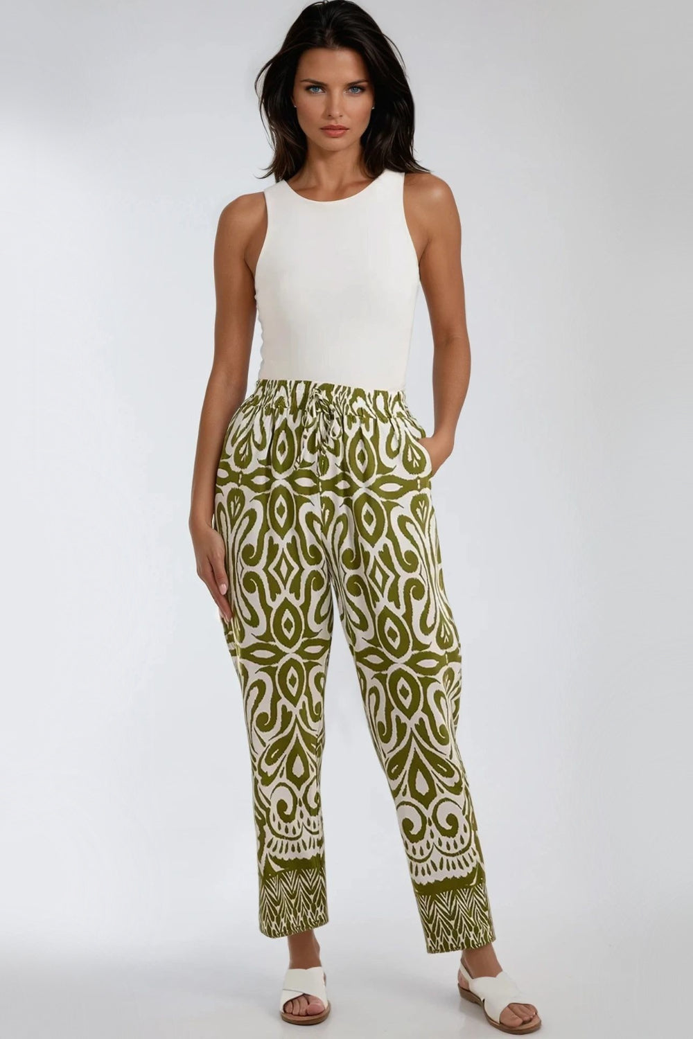 Khaki Ikat Print Pull On Trousers