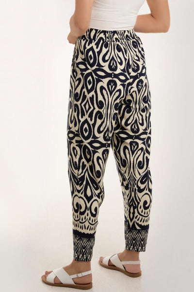 Navy Ikat Print Pull On Trousers