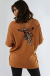 Camel V Neck Jumper With Leopard Bow