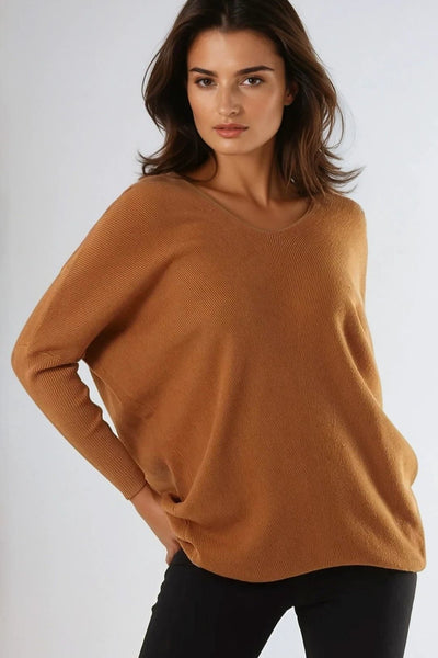 Camel V Neck Jumper With Leopard Bow