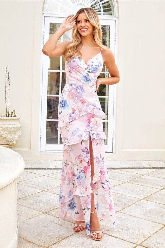 Pink floral chiffon dress hotsell