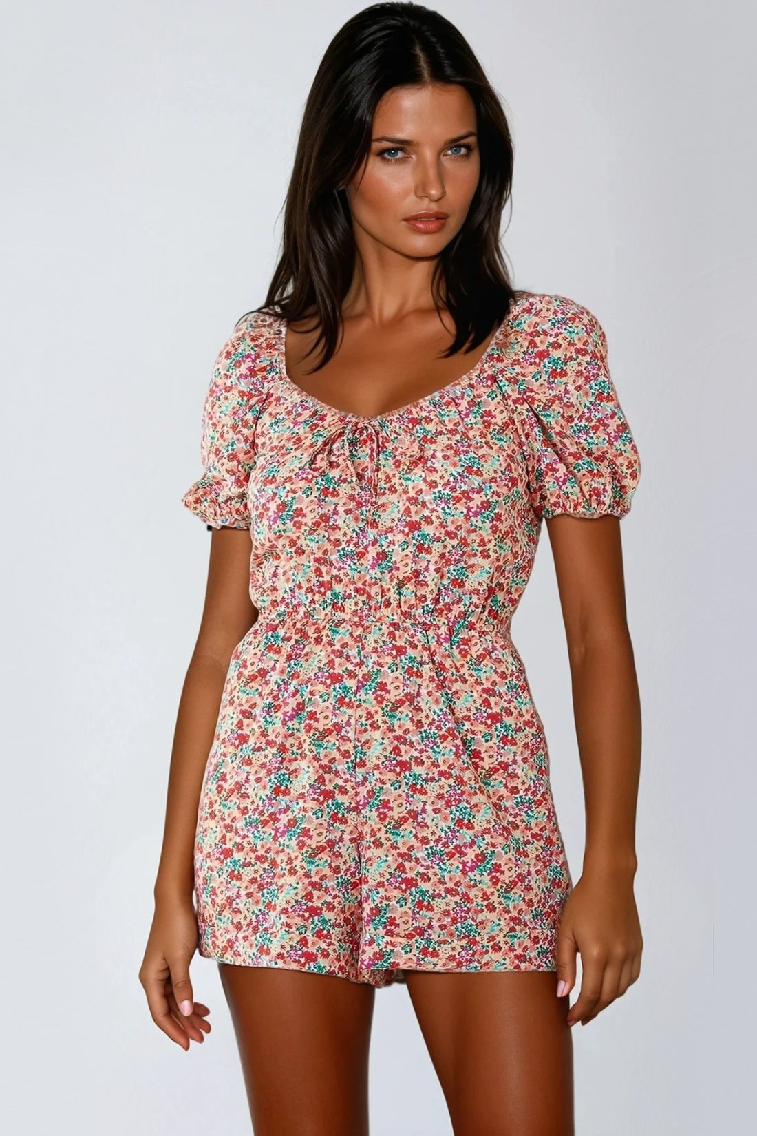 Pink Floral Sweetheart Neckline Playsuit