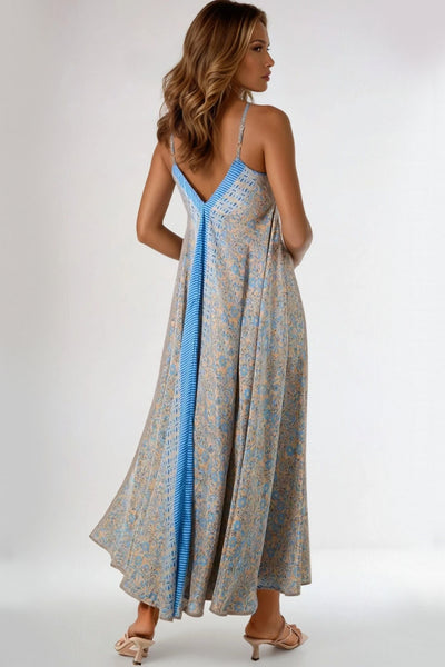 Blue Paisley V Neck Maxi Dress