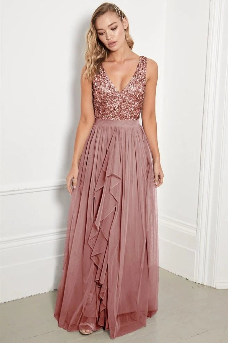 Yasmin Rose Gold Sequin Top Maxi Dress